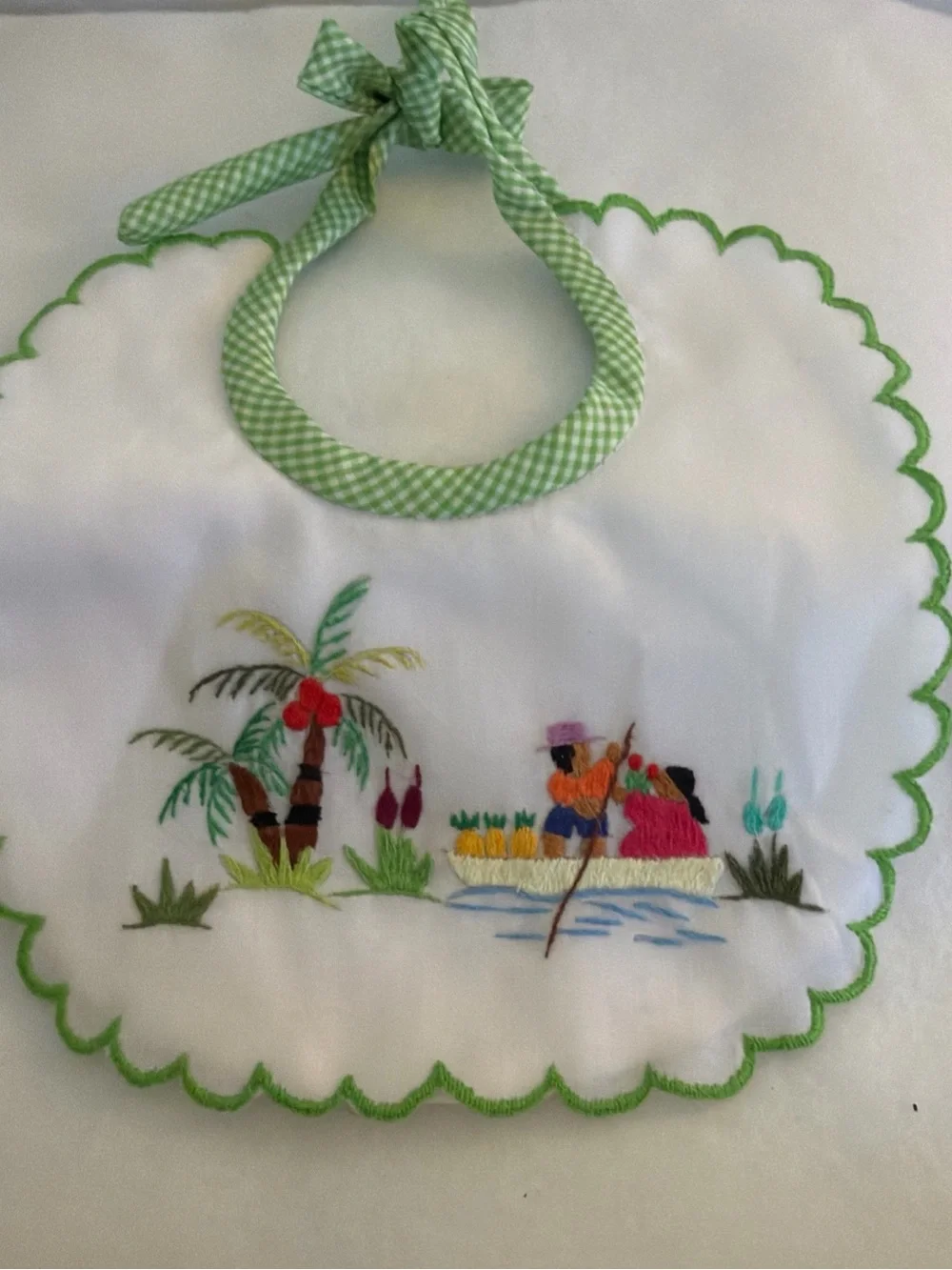 Embroidered Scalloped Edge Tropical Scene Baby Bib